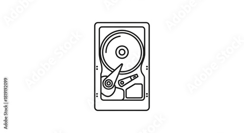 Outline illustration of a hard disk drive internal components, top view, isolated on white background, technology symbol