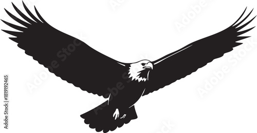 Majestic Bald Eagle Soaring with Wings Wide Open, Symbolizing Freedom and Power in a Striking Black and White Vector Illustration, a powerful emblem of nature's might