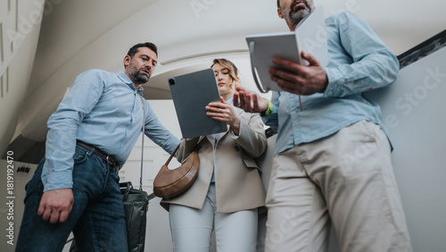 Obraz na plátně A small group of colleagues reviews a tablet and documents in an airport, planning a trip and coordinating a meeting while on the go, with a calm, focused mood