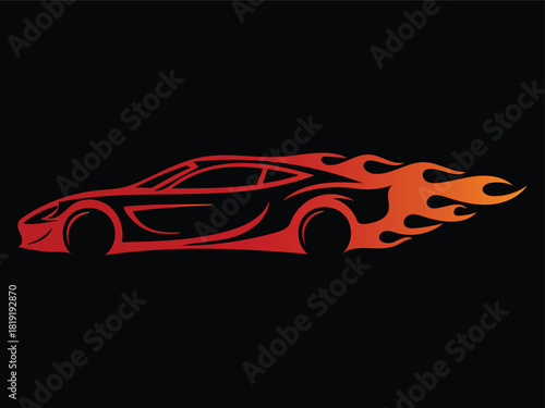 Red sports car silhouette with fiery flames trailing behind on black background automobile vehicle
