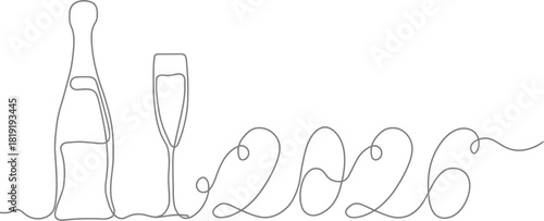 Elegant single line art illustration of 2026 with champagne bottle and glass, perfect for festive promotions and minimal designs, celebrate new year