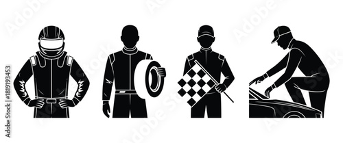 race car, crew performing pit stop for teamwork in motorsport, fast-paced tire change and refueling, professional formula one team in action, high-speed racing vector illustration.