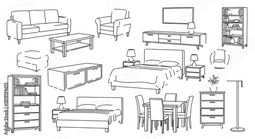 Collection of handdrawn line art furniture items for home interior design, isolated on