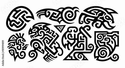Collection of tribal animal designs, including a bear, wolf, and other creatures isolated on