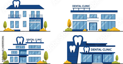 Modern Flat Design Vector Set of Dental Clinic Buildings and Medical Offices, Featuring Various Architectural Styles and Tooth Logos, Ideal for Healthcare, Dentistry, and Medical Service Graphics
