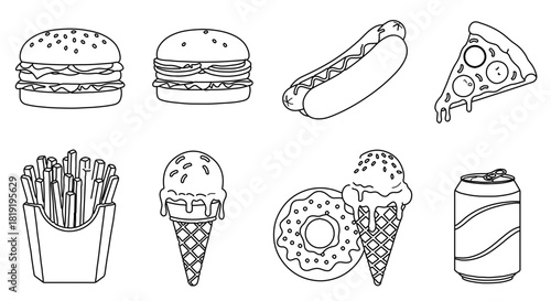 Outline drawing of fast food items including burgers, hot dog, pizza, fries, ice cream and soda isolated on