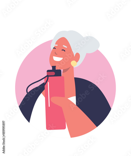 Satisfied old woman drinking water