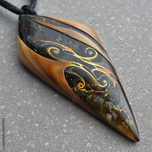 Luxury Decorative Leaf Shaped Pendant in Black and Gold Colours Featuring Ornamental Floral Patterns,