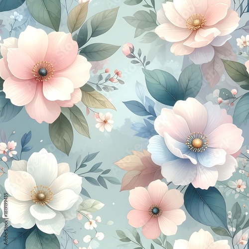 Pastel watercolor floral pattern with elegant blooms and foliage