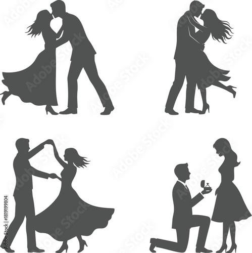 Silhouettes of couples in various romantic poses, including kissing, embracing, and proposing marriage suitable for valentine day design and gift card