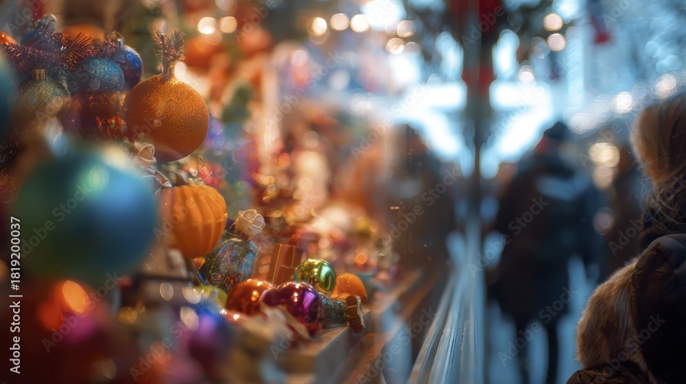 Fototapeta premium Vibrant christmas market decorations with colorful ornaments and festive atmosphere
