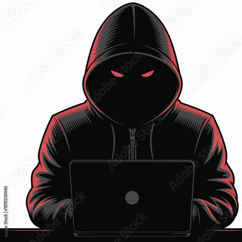Cyber crime and hacker concept vector illustration featuring anonymous hooded figure using laptop, isolated minimalistic design ideal for cybersecurity, data privacy, digital threat, and hacking aware