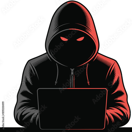 Cyber hacker concept vector illustration featuring anonymous person in hoodie using laptop, minimalistic isolated design representing digital crime, data theft, internet privacy, and cybersecurity thr