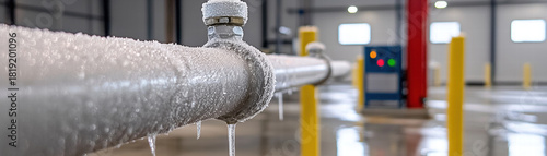 Frosted metal pipe system with icicles in refrigerated warehouse, cold industrial environment and maintenance scene