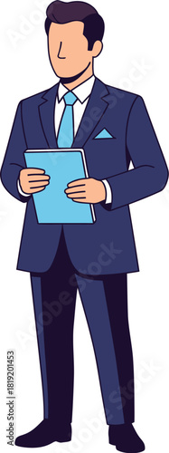Businessman Holding Files: A smartly dressed businessman stands confidently, clutching documents in hand, exuding professionalism and authority.