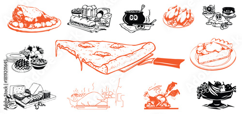 Vector Sketchy collage of random objects and shapes in orange and black ink