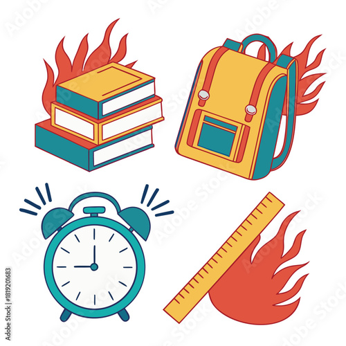 Back to school supplies on fire representing stress and overwhelm