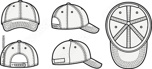 Baseball cap technical sketch, five views, front, back, side, top interior, adjustable strap, fashion flat, garment illustration