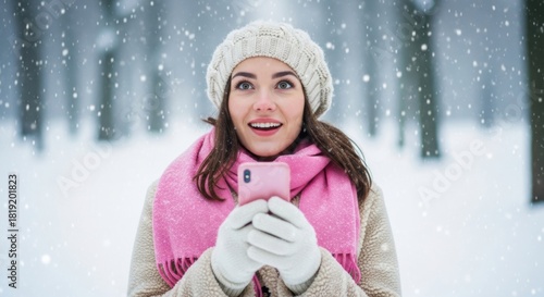 Amazed young woman wearing a warm coat, scarf, and hat holds a mobile phone and looks up with a happy, surprised face as beautiful snowflakes fall around her
