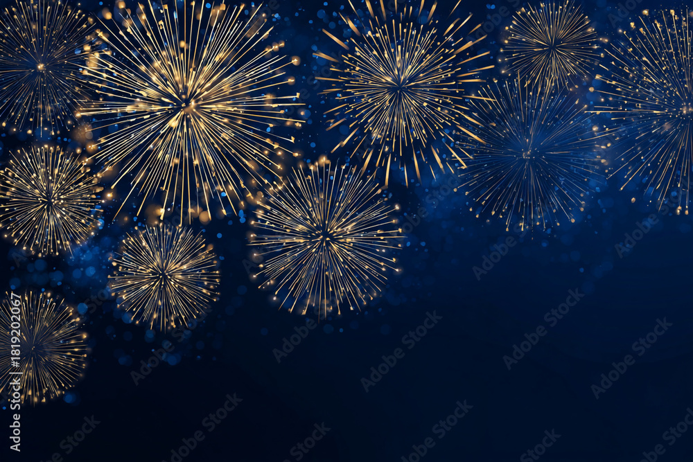 Fototapeta premium Golden fireworks vector on deep blue 2026 greeting card