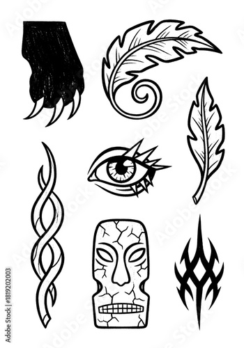 Black and White Tattoo Flash Set: Hand-Drawn Collection of Tribal Symbols, Mystic Eye, Claw, Tiki Mask, and Feather Designs