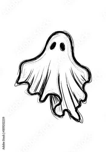 Hand-Drawn Sketchy Sheet Ghost. Black and White Spooky Halloween Doodle Illustration.