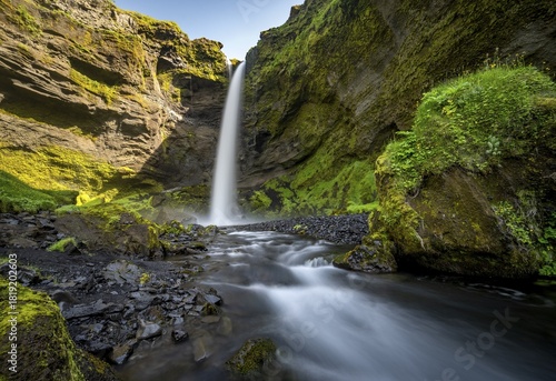 Kvernufoss waterfall, in summer when the weather is fine, gorge and river, long exposure, Skogar, Sudurland, South Iceland, Iceland