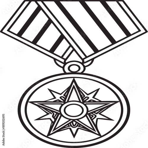 Outline drawing of a military medal with a star emblem and striped ribbon isolated on white background