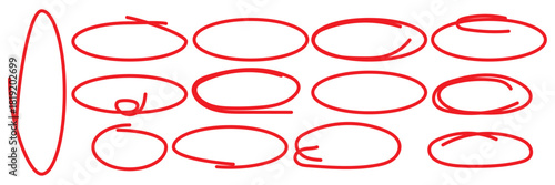 Hand drawn crayon ovals and circles. Ellipses pencil doodle style set. Red round rough thin frames. Round freehand shapes, emphasis highlights. Vector elements for hand drawn diagrams