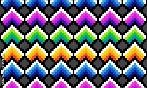 Colorful pixel art heart pattern background. The bold rainbow gradients.