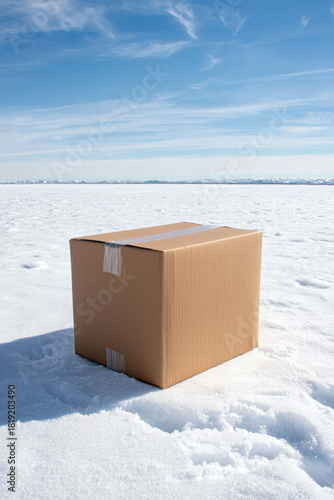 Frozen food delivery package left in open cardboard box snow cold winter isolation