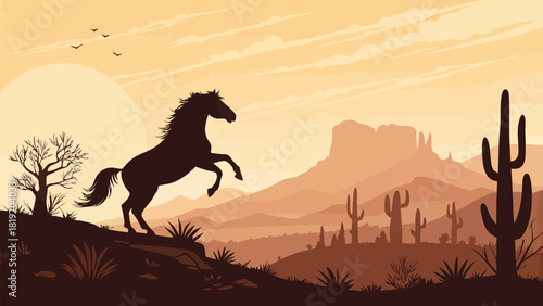 Stunning desert scene with majestic rearing horse silhouette, capturing the wild west spirit with cacti and mountains, symbolizing freedom and adventure