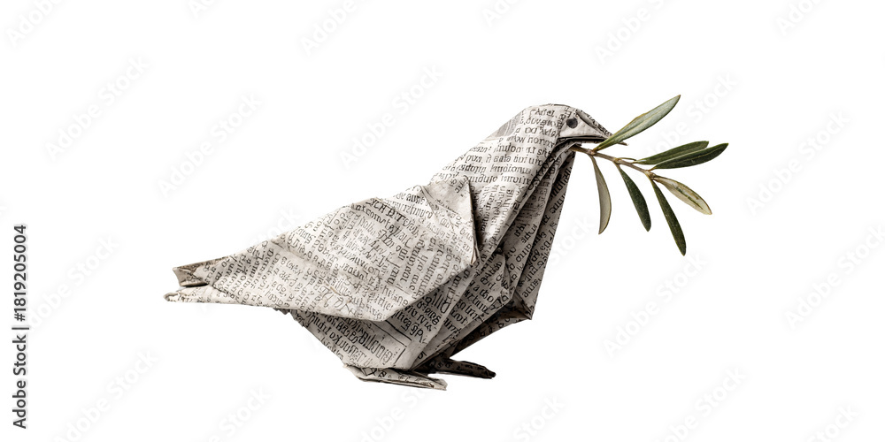 Fototapeta premium Origami paper dove carrying olive branch, symbol of peace and hope on black background Concept of handmade art, environmental awareness, and global harmony
