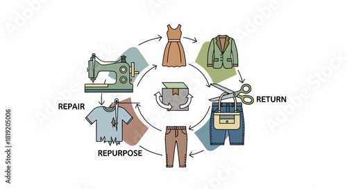 Circular fashion economy diagram with clothing repair and repurpose cycle.