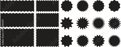 Set of zigzag edge frames rectangle shape frame. Postage stamps set. Post stamp frames and borders. Scalloped scallop edge shape. Zigzag edge sticker set for discount labels, badges, and sale tags. 