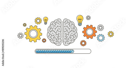 Creative thinking and brainstorming process with brain and gears illustration.