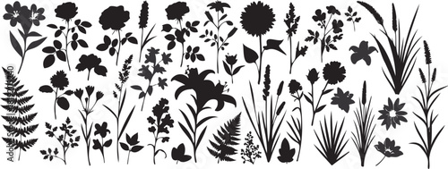 Silhouette of various flowers and plants isolated on white background, including roses, lilies, ferns, and grasses in a botanical arrangement