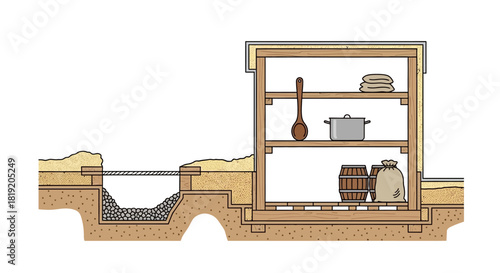 Cross-section of an ancient Roman kitchen with shelves and cooking utensils.