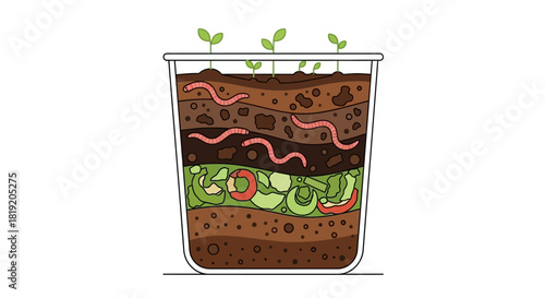 Cross section of a worm farm showing layers of soil and life.