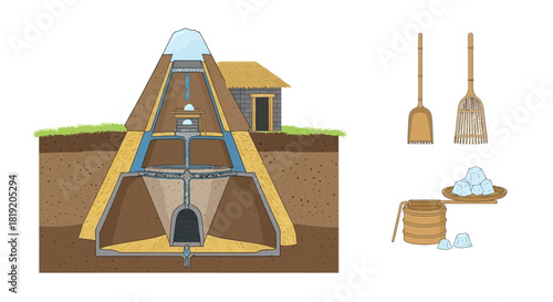 Cross section of an ancient salt mine with tools and salt pile.