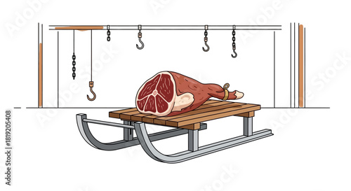 Cured leg of ham resting on a wooden sled with metal runners.