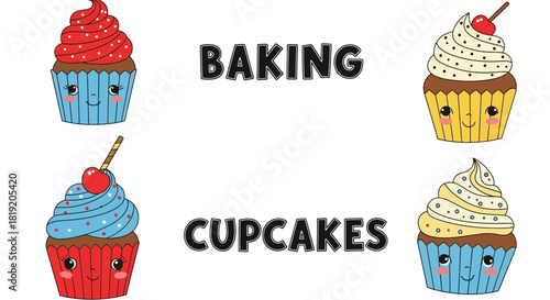 Delicious cupcakes with colorful frosting and cute faces for baking.