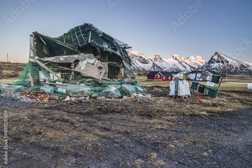 Destroyed building after heavy storm, January 2024, climate change, Fredvang, Moskenesoya, Lofoten, Norway