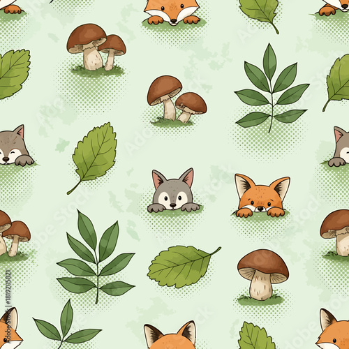 Cute forest animals and mushrooms seamless pattern on a light green background perfect for childrens designs.