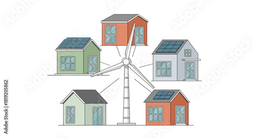 Eco-friendly houses powered by a central wind turbine and solar panels.