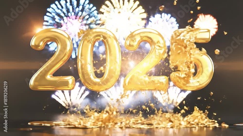 Transformation animation from 2025 to 2026. Melting liquid gold numbers morphing on black background. New Year transition concept with flowing metal physics.