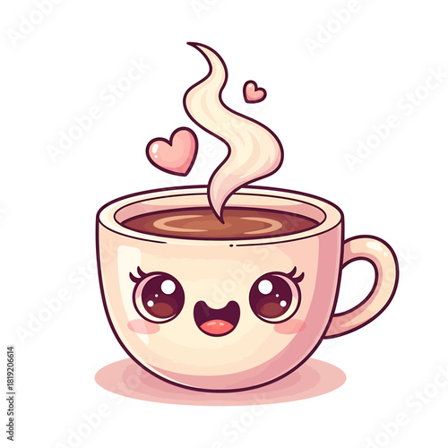 Cute kawaii coffee cup character with steam and hearts isolated on a white background.