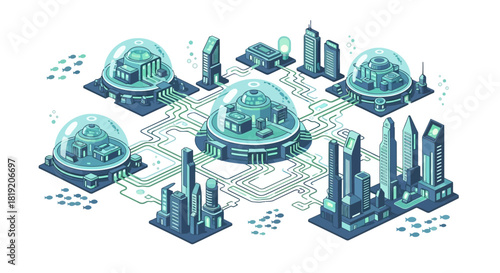 Futuristic Smart City Network with Domes and Skyscrapers.
