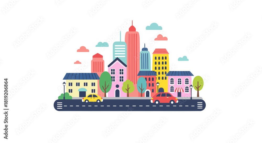 Obraz premium Vibrant cityscape illustration with colorful buildings, cars, and whimsical cloud accents