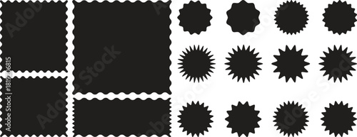 Set of zigzag edge frames rectangle shape frame. Postage stamps set. Post stamp frames and borders. Scalloped scallop edge shape. Zigzag edge sticker set for discount labels, badges, and sale tags. 